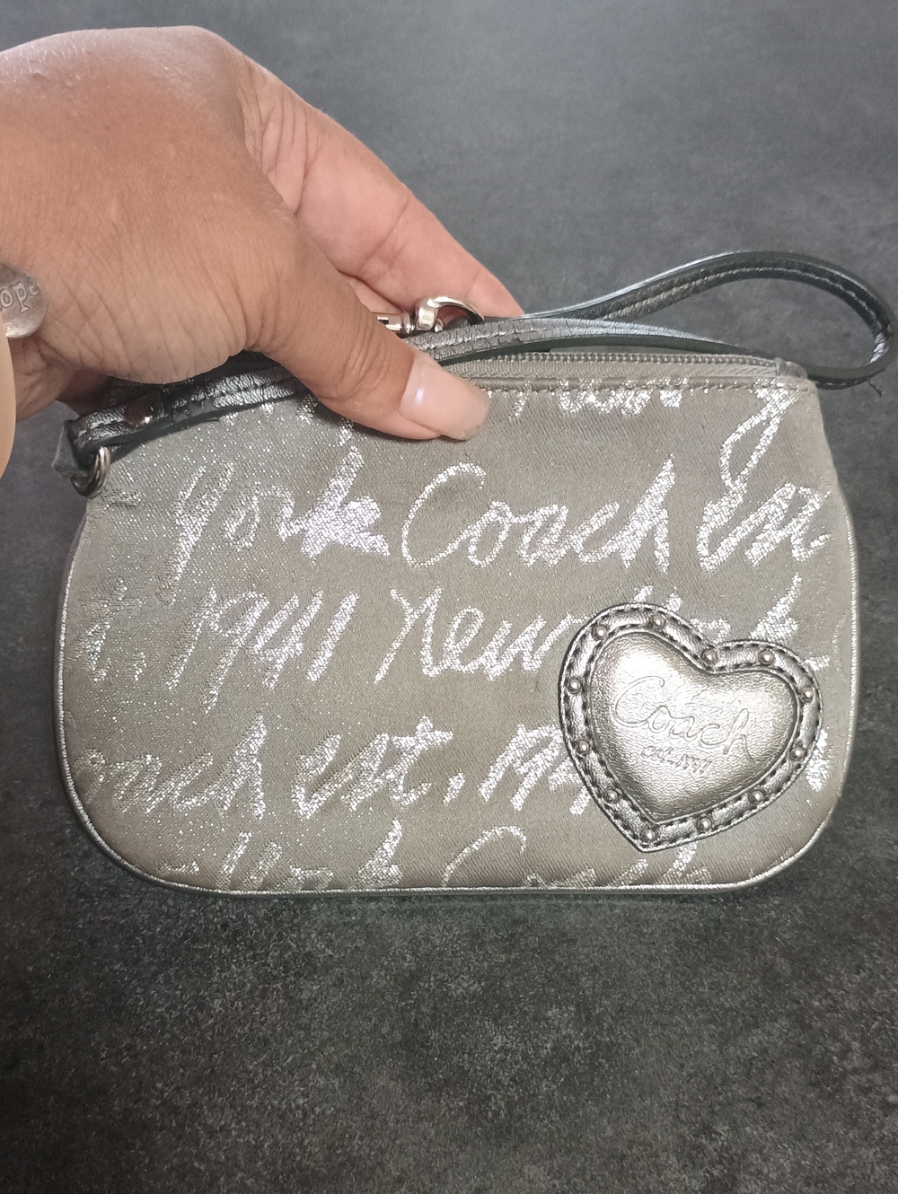 Coach Poppy Silver Script Heart Wristlet